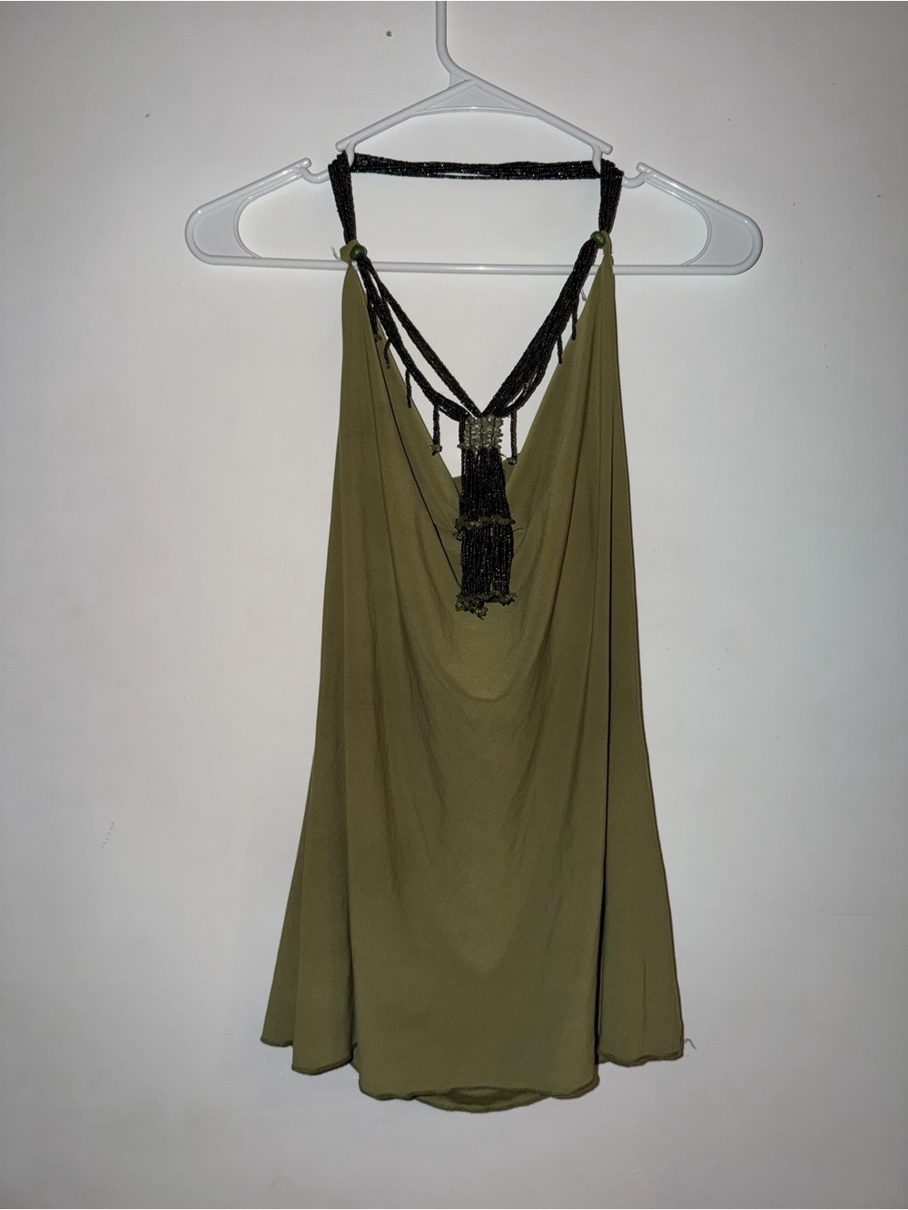 Olive Green Beaded Halter Cami with Tassel Detail